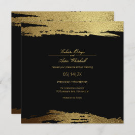 Modern Guld Faux Foil Paint Stroke Black Bröllop Inbjudningar