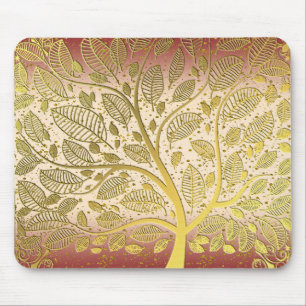 Modern Guld Faux Löv Livets träd Glitter Peach Musmatta
