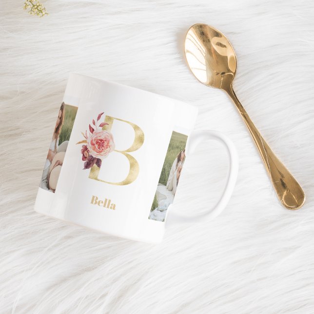 Modern Guld Flower Brev B | Två fotomonogram Kaffemugg (Skapare uppladdad)