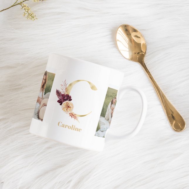 Modern Guld Flower Brev C | Två fotomonogram Kaffemugg (Skapare uppladdad)