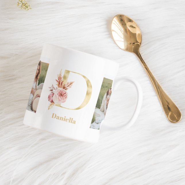 Modern Guld Flower Brev D | Två fotomonogram Kaffemugg (Skapare uppladdad)