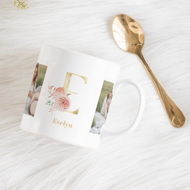 Modern Guld Flower Brev E | Två fotomonogram Kaffemugg (Skapare uppladdad)