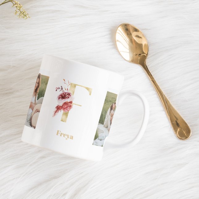 Modern Guld Flower Brev F | Två fotomonogram Kaffemugg (Skapare uppladdad)
