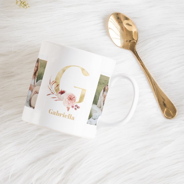 Modern Guld Flower Brev G | Två fotomonogram Kaffemugg (Skapare uppladdad)