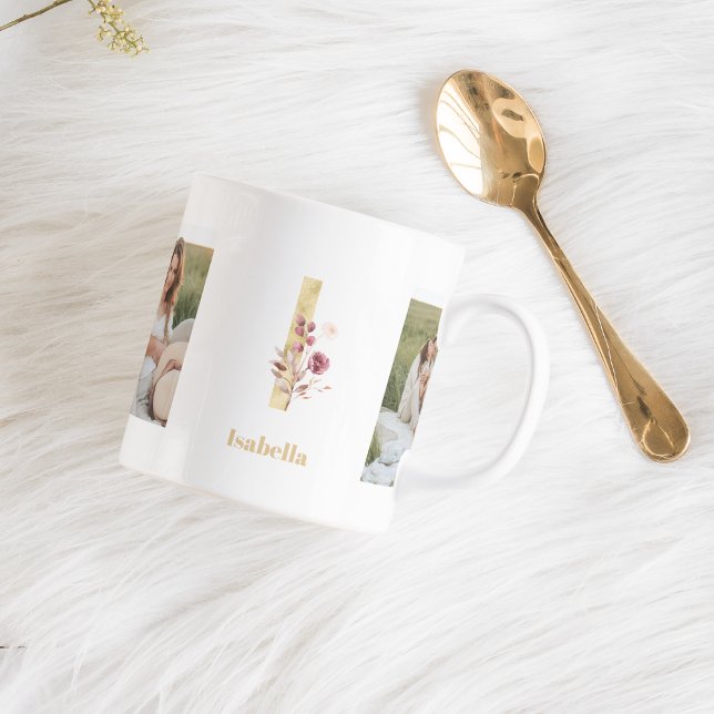 Modern Guld Flower Brev I | Två fotomonogram Kaffemugg (Skapare uppladdad)