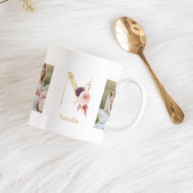 Modern Guld Flower Brev N | Två fotomonogram Kaffemugg (Skapare uppladdad)