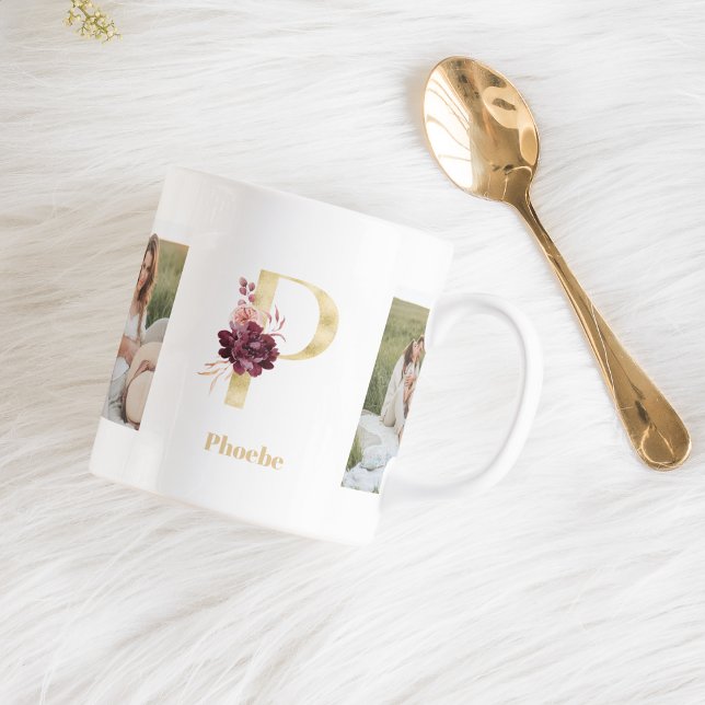 Modern Guld Flower Brev P | Två fotomonogram Kaffemugg (Skapare uppladdad)