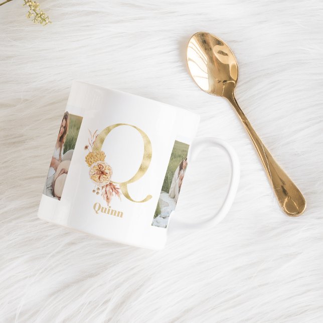 Modern Guld Flower Brev Q | Två fotomonogram Kaffemugg (Skapare uppladdad)