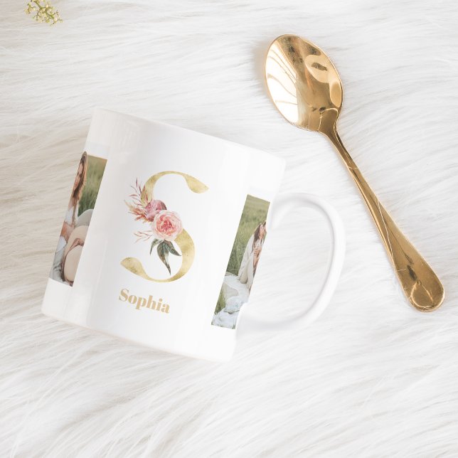 Modern Guld Flower Brev S | Två fotomonogram Kaffemugg (Skapare uppladdad)