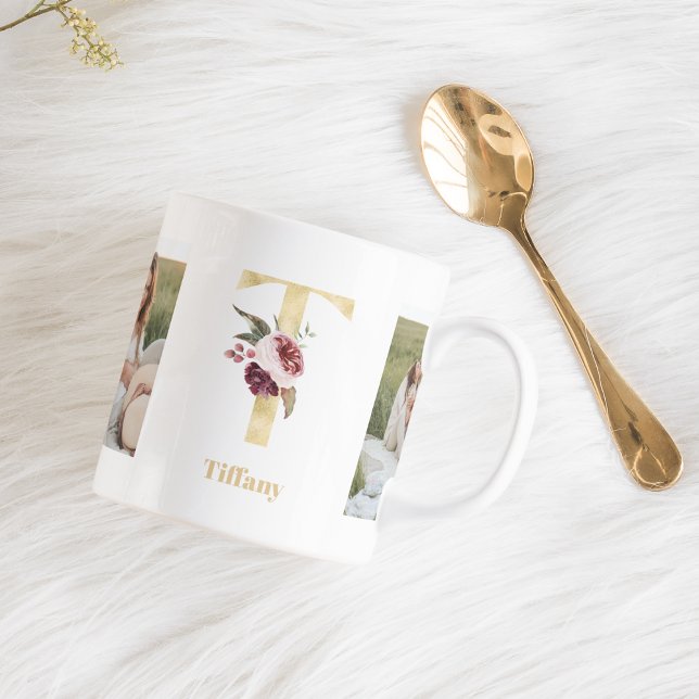 Modern Guld Flower Brev T | Två fotomonogram Kaffemugg (Skapare uppladdad)