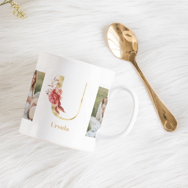 Modern Guld Flower Brev U | Två fotomonogram Kaffemugg (Skapare uppladdad)