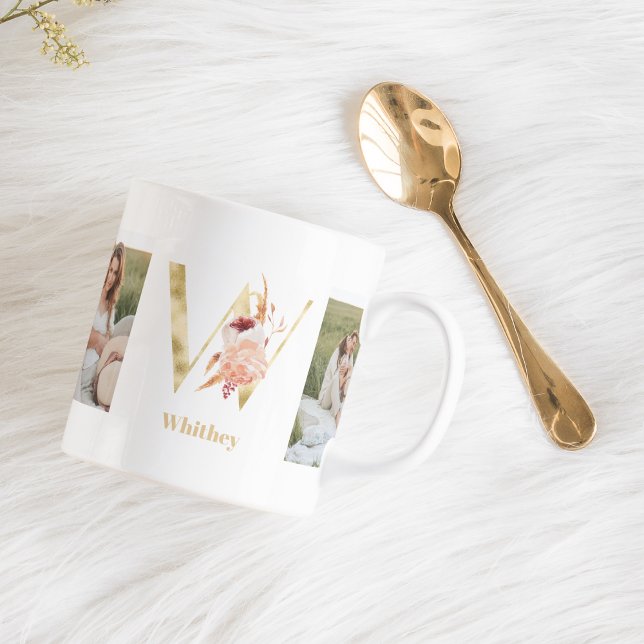 Modern Guld Flower Brev W | Två fotomonogram Kaffemugg (Skapare uppladdad)