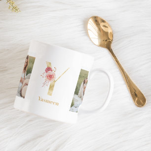 Modern Guld Flower Brev Y   Två fotomonogram Kaffemugg