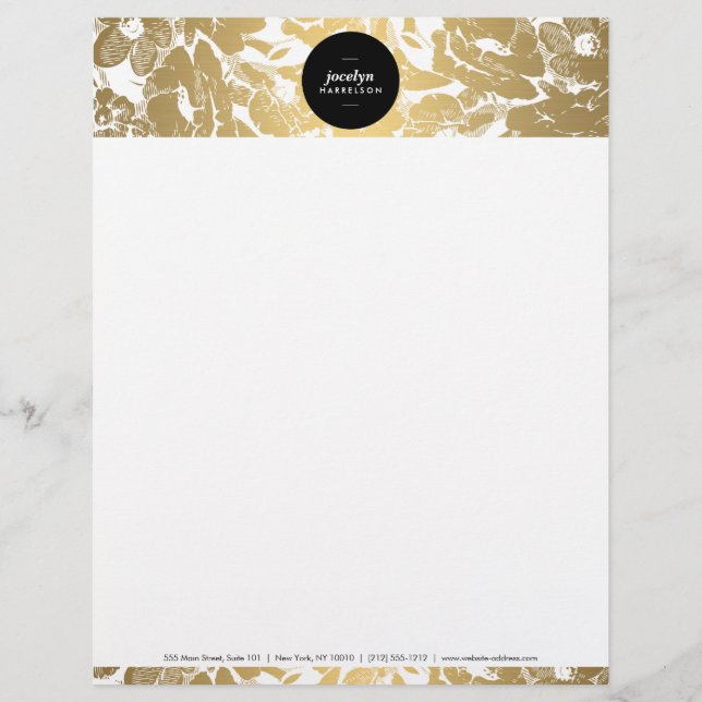 Modern Guld Flowers Black Circle Letterhead Brevhuvud (Framsida)