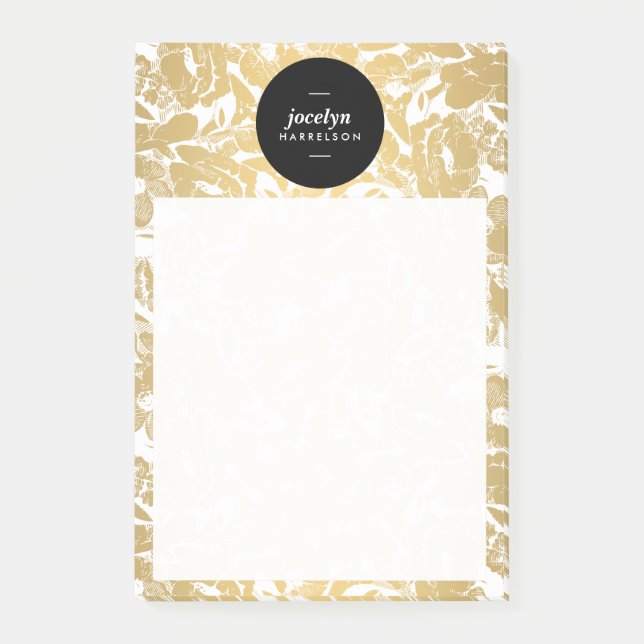 Modern Guld Flowers Black Circle Post-it Block (Framsida)