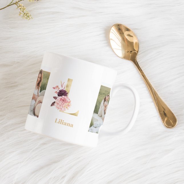 Modern Guld Flowers Brev L | Två fotomonogram Kaffemugg (Skapare uppladdad)