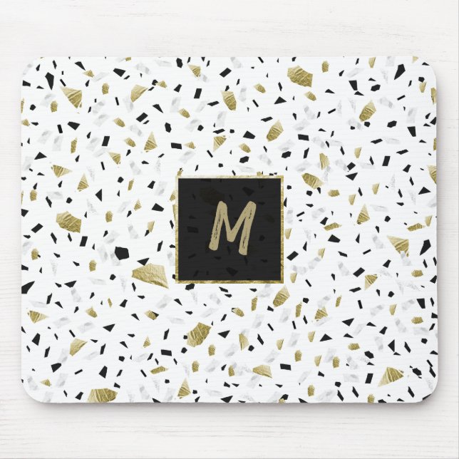 Modern Guld Foil Marble Terrazzo Mönster Monogram Musmatta (Framsidan)