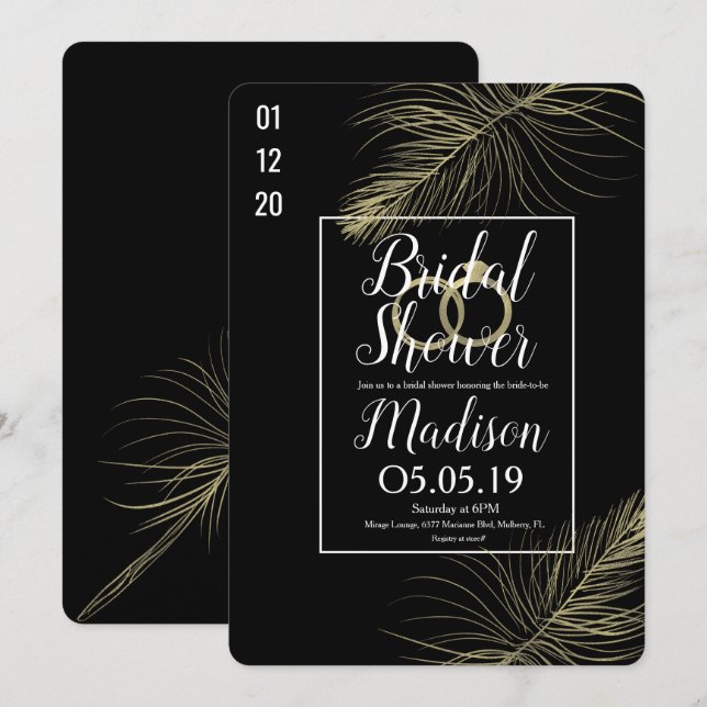 Modern guld folie fjäder svart bröllopsdusch inbjudningar (Fram/baksida)