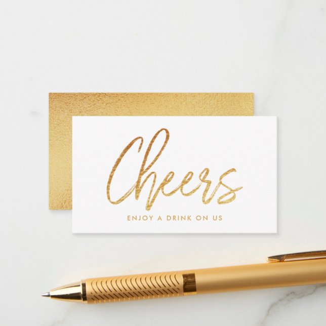 Modern guld folie script "Cheers" drink ticket Tilläggskort (Fram/Back In Situ)