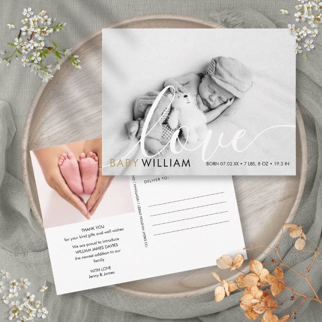 Modern guld foto baby tack brev för att presentera vykort (Script Love Modern Gold Photo Baby Birth Thank You Postcard)