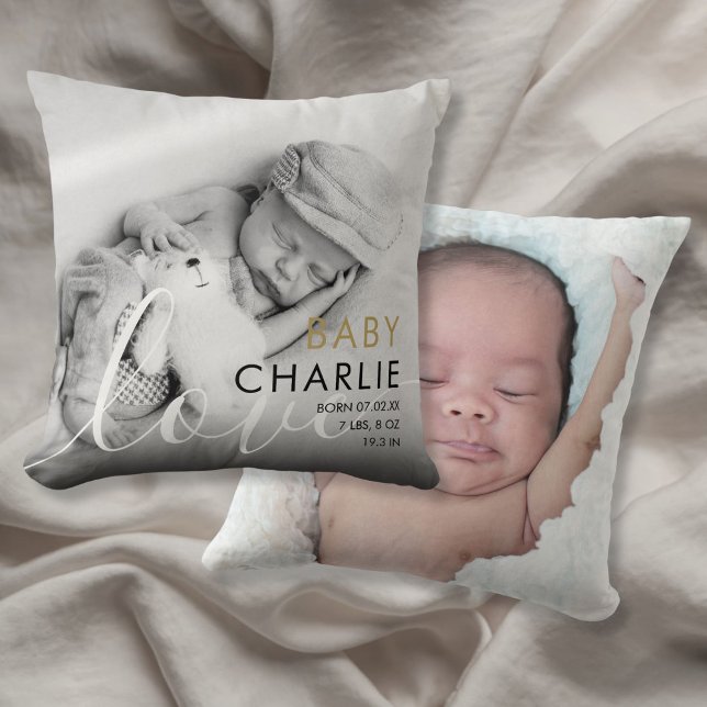 Modern guld fotobarn födelse statistik tillkännagi kudde (Modern Gold Photo Baby Birth Stats Announcement Throw Pillow)