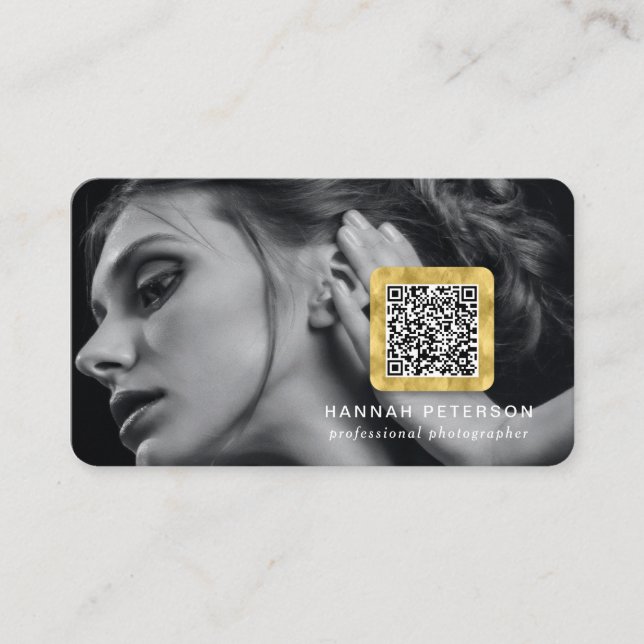 Modern Guld-fotonätverksskannerbar QR-kod Visitkort (Framsida)