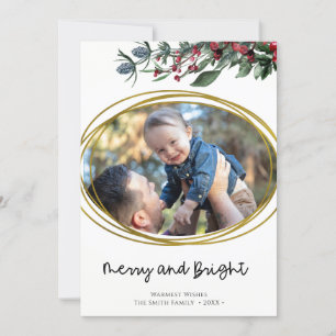 Modern Guld Geometric Circle Red Holly Berries Julkort