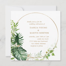 Modern Guld Geometric Greenery Tropical Bröllop Inbjudningar
