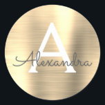 Modern Guld Girly Metallic Monogram Runt Klistermärke<br><div class="desc">Modern Guld Faux Girly Metallic Stainless Steel Foil Elegant Sticker. Det här klistermärket kan anpassas så att det omfattar ditt första och första namn för en gåva till paket.</div>