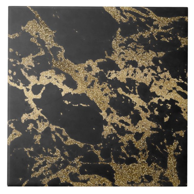 Modern Guld Glitter Black Marble Kakelplatta (Framsidan)