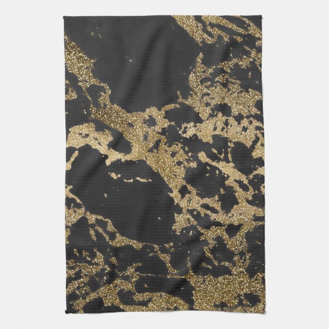 Modern Guld Glitter Black Marble Kökshandduk (Vertikal)