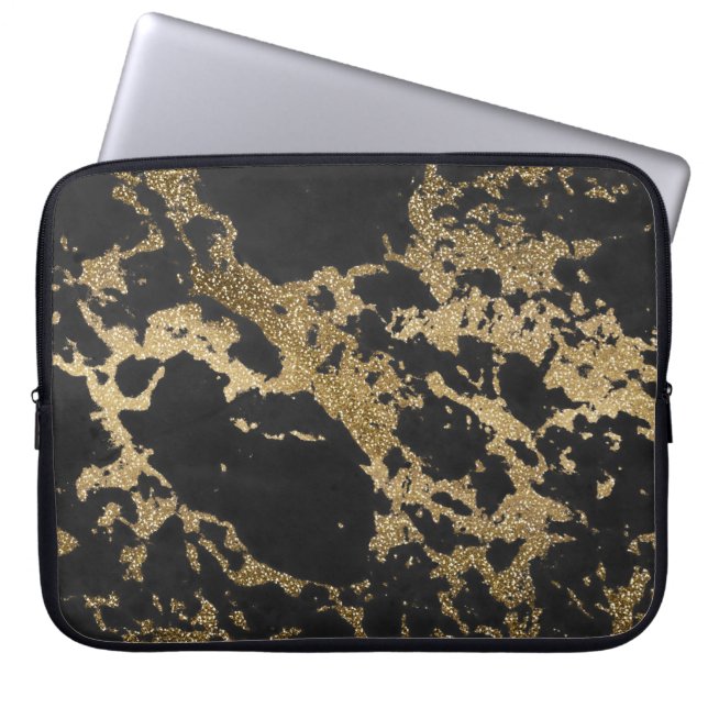 Modern Guld Glitter Black Marble Laptop Sleeve (Framsidan)