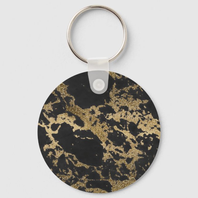 Modern Guld Glitter Black Marble Nyckelring (Framsida)