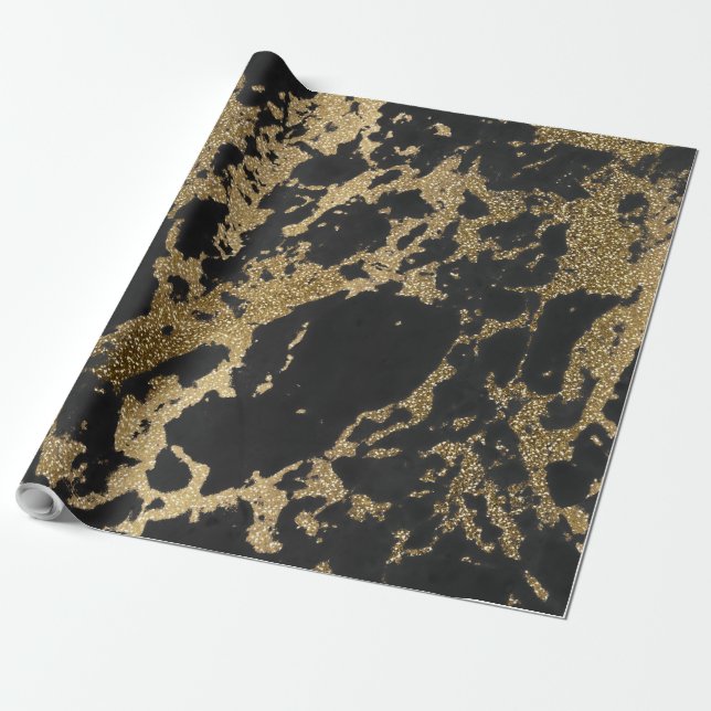 Modern Guld Glitter Black Marble Presentpapper (Utrullad)