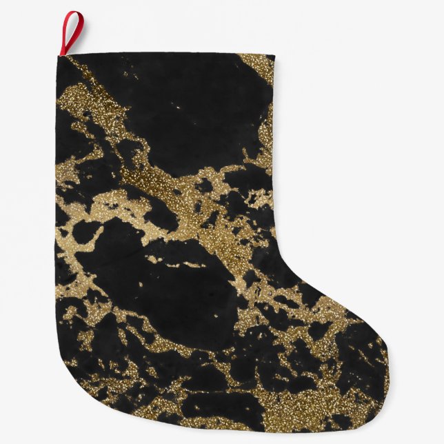 Modern Guld Glitter Black Marble Stor Julstrumpa (Framsidan)