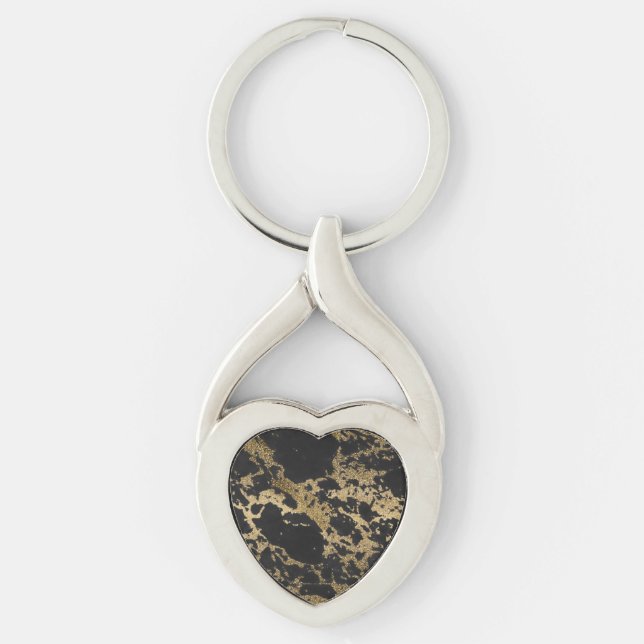Modern Guld Glitter Black Marble Twisted Heart Silverfärgad Nyckelring (Framsidan)