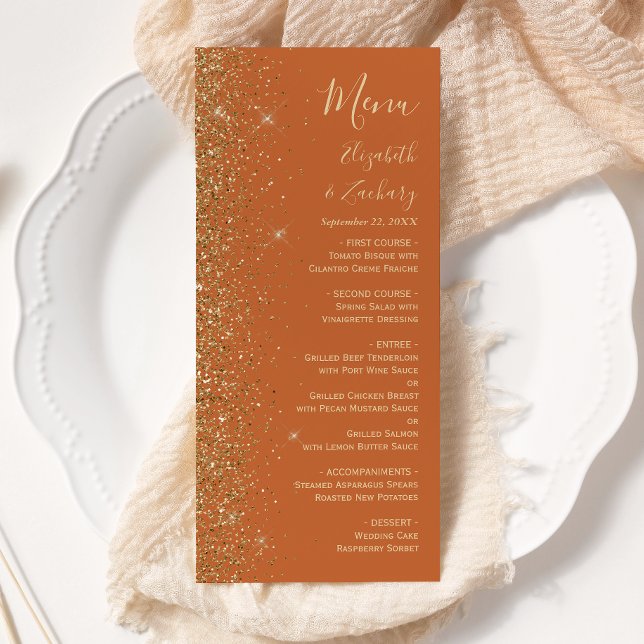 Modern Guld Glitter Bränd Orange Bröllop Meny (Skapare uppladdad)