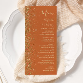 Modern Guld Glitter Bränd Orange Bröllop Meny