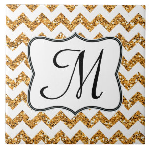 Modern Guld Glitter Chevron Monogram Visning Tile Kakelplatta