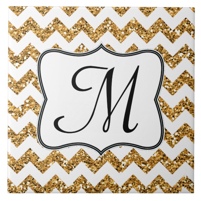 Modern Guld Glitter Chevron Monogram Visning Tile Kakelplatta (Framsidan)