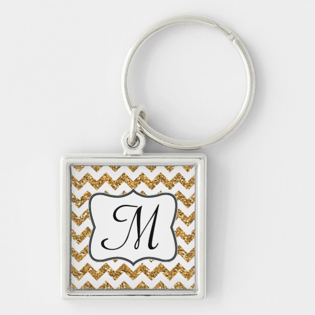 Modern Guld Glitter Chevron Zig Zag Nyckelring (Framsidan)