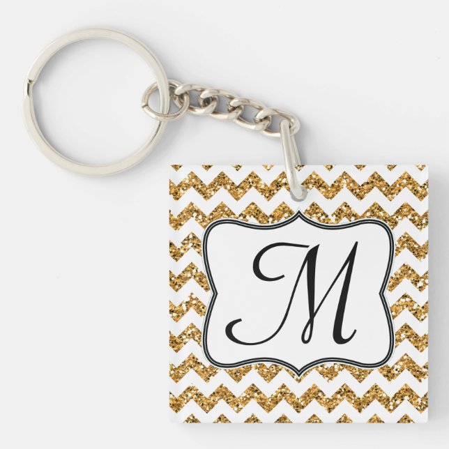 Modern Guld Glitter Chevron Zig Zag Nyckelring (Framsidan)