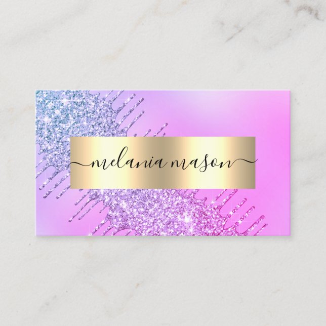 Modern Guld Glitter Drips Makeup Artist Lila Visitkort (Framsida)