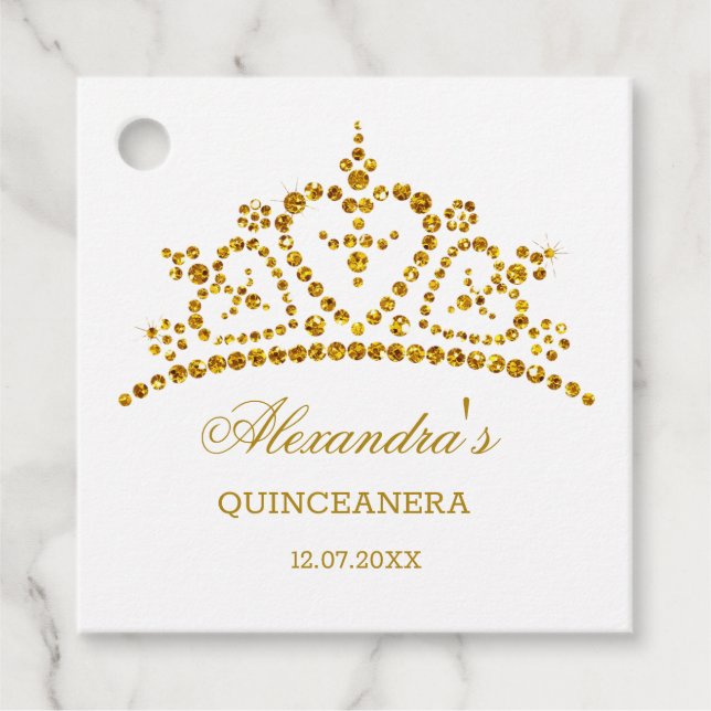Modern guld glitter, effekttiara Quinceanera Gåvor Etiketter (Framsida)