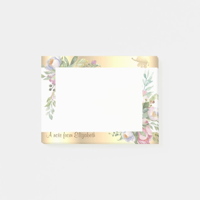 Modern Guld Glitter Elefant Blommor-Personlig Post-it Block (Framsida)