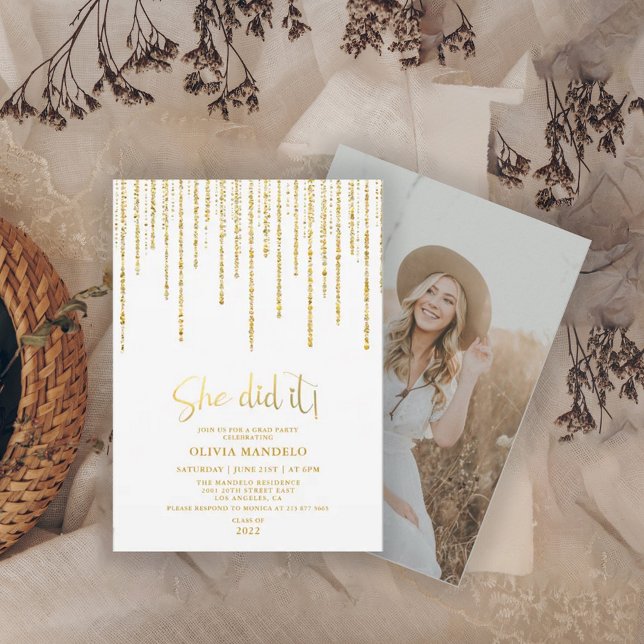 Modern Guld Glitter Examen Party Foto Inbjudningar (Skapare uppladdad)