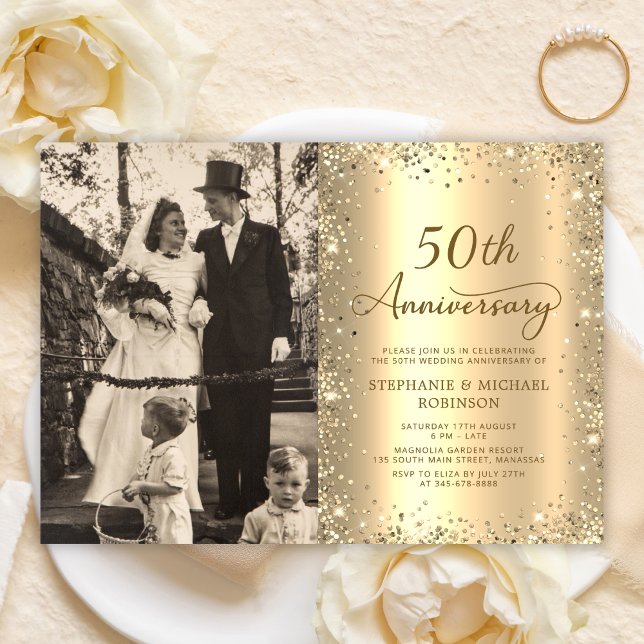 Modern Guld Glitter Foto 50-års Bröllopsjubileum Inbjudningar (Skapare uppladdad)