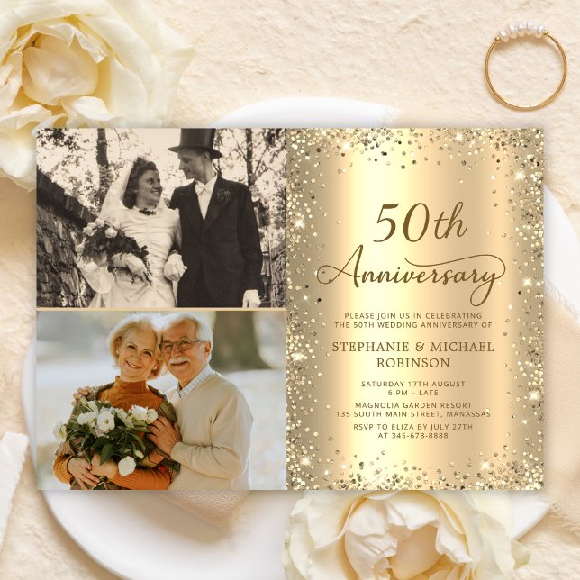 Modern Guld Glitter Foto 50-års Bröllopsjubileum Inbjudningar (Skapare uppladdad)