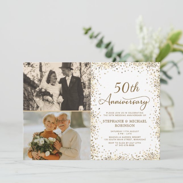 Modern Guld Glitter Foto 50-års Bröllopsjubileum Inbjudningar (Stående Fram)