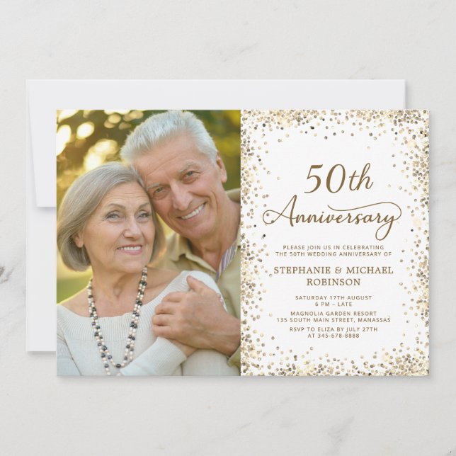 Modern Guld Glitter Foto 50-års bröllopsjubileum Inbjudningar (Framsida)
